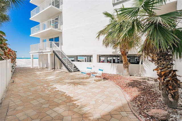 view of patio featuring a water view