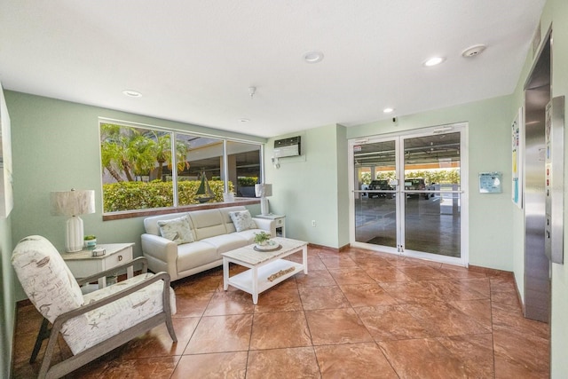 tiled living room with a wall mounted air conditioner