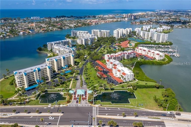 drone / aerial view with a water view