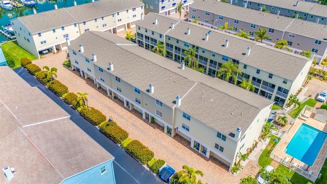 birds eye view of property featuring a water view