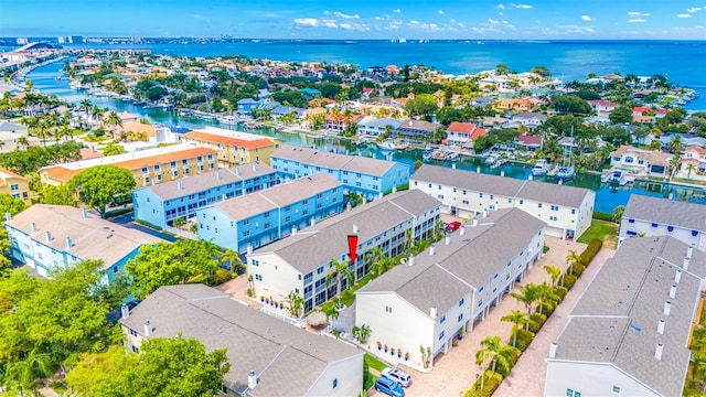 drone / aerial view featuring a water view