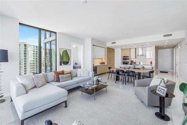 living room featuring beverage cooler