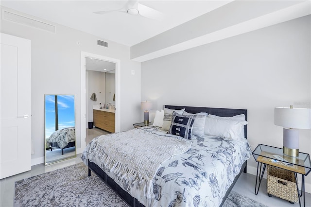 bedroom featuring connected bathroom and ceiling fan