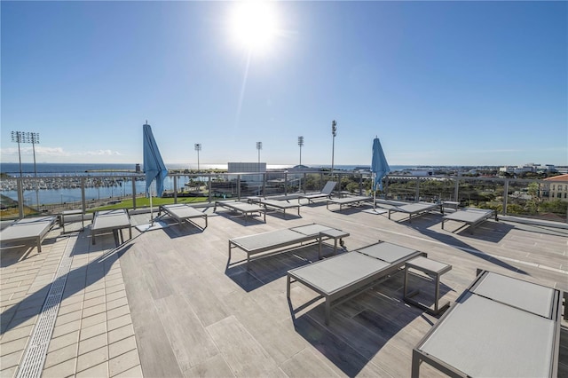 view of patio / terrace with a water view