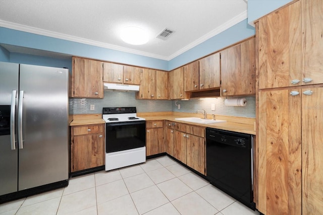 kitchen featuring stainless steel fridge with ice dispenser, black dishwasher, electric range, ornamental molding, and sink