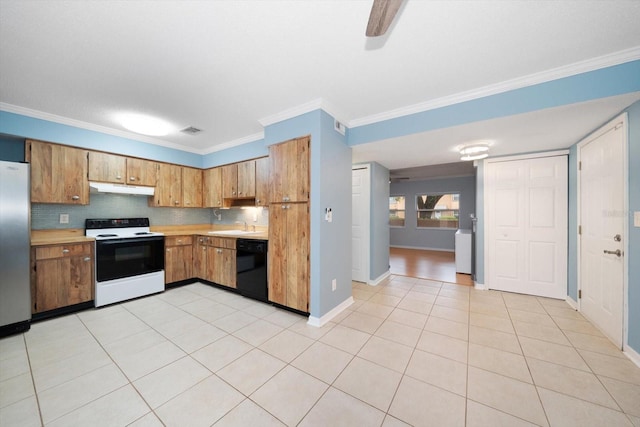 kitchen with crown molding, white electric stove, stainless steel fridge, dishwasher, and light tile floors