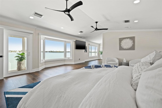 bedroom featuring access to exterior, ornamental molding, ceiling fan, and dark wood-type flooring