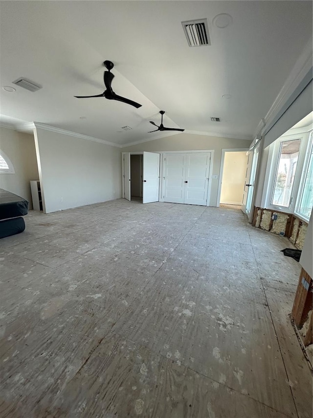 unfurnished bedroom featuring ceiling fan and ornamental molding