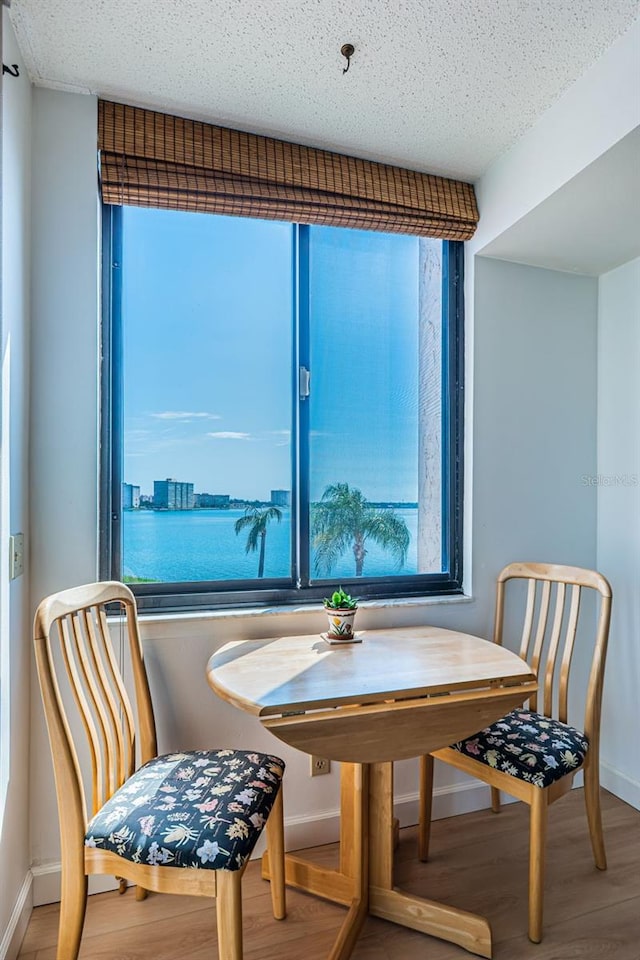 dining area with hardwood / wood-style flooring, a textured ceiling, a healthy amount of sunlight, and a water view