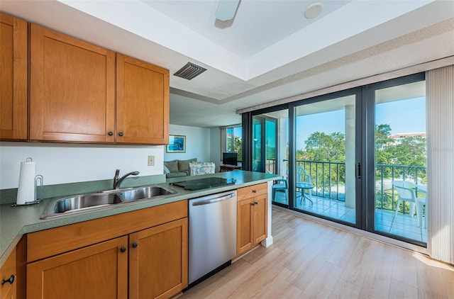 kitchen with floor to ceiling windows, stainless steel dishwasher, light hardwood / wood-style floors, and sink