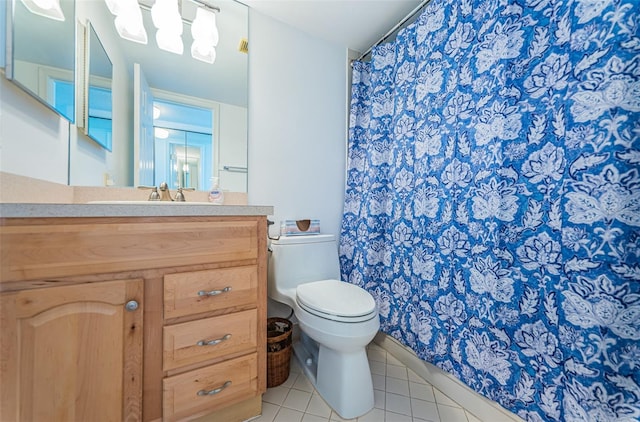 bathroom featuring toilet, tile patterned flooring, and vanity