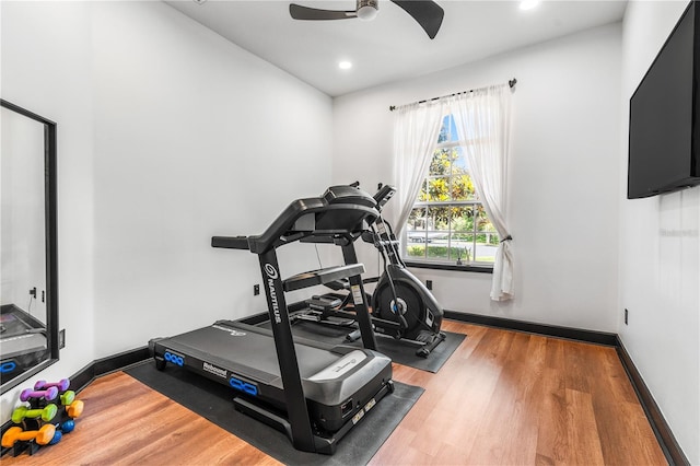 workout area with ceiling fan and wood-type flooring