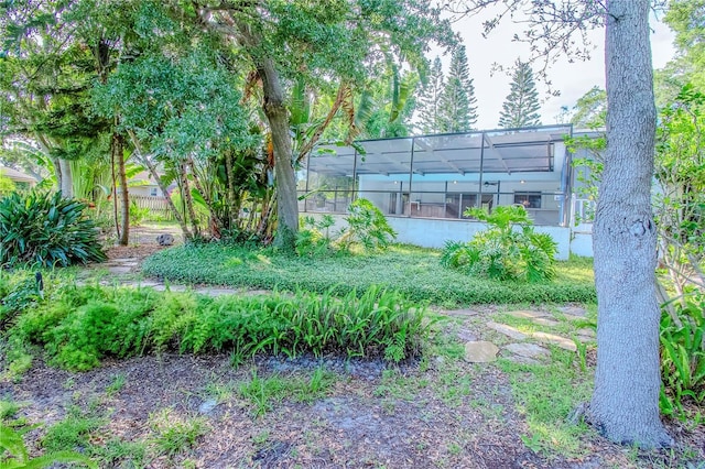 view of yard with glass enclosure