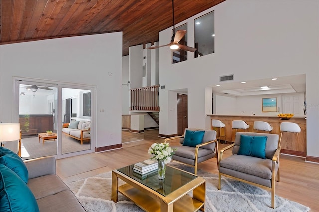 living room featuring light wood-type flooring, wood ceiling, and high vaulted ceiling