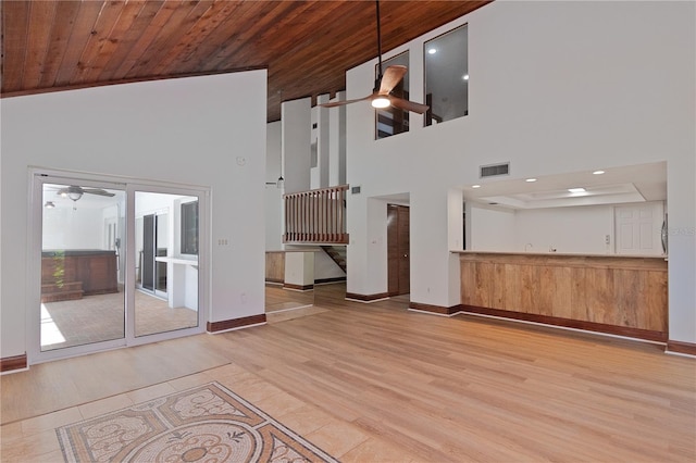 unfurnished living room featuring high vaulted ceiling, light wood-type flooring, and wooden ceiling