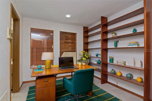 home office with a textured ceiling and light colored carpet