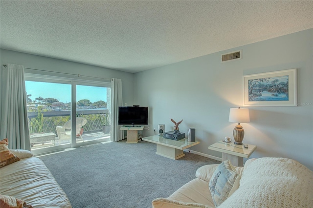 living room featuring carpet and a textured ceiling