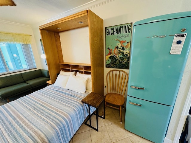 tiled bedroom with crown molding and white fridge