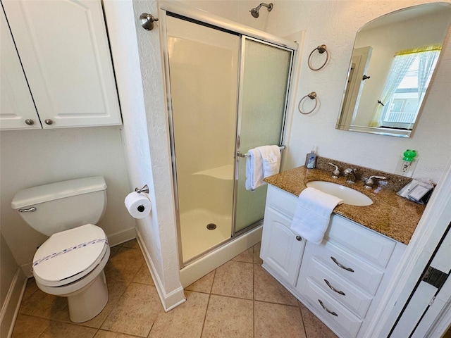 bathroom with a shower with door, tile flooring, toilet, and vanity