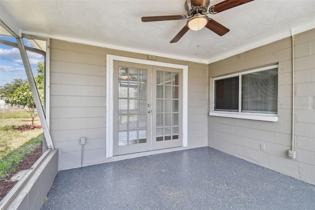 exterior space with french doors and ceiling fan