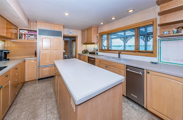 kitchen featuring dishwasher, light tile flooring, backsplash, a center island, and sink