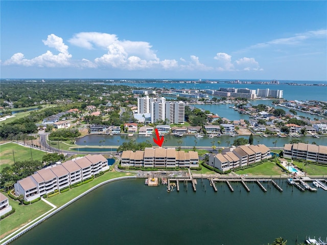 bird's eye view with a water view