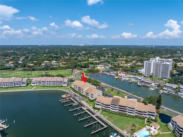 drone / aerial view featuring a water view