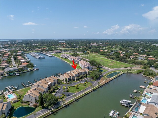 drone / aerial view featuring a water view