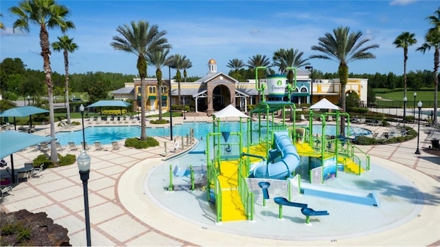 view of pool featuring a water slide and a playground