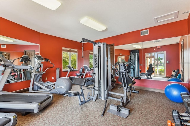 exercise room featuring a healthy amount of sunlight and carpet floors