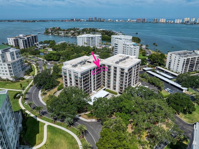 bird's eye view with a water view