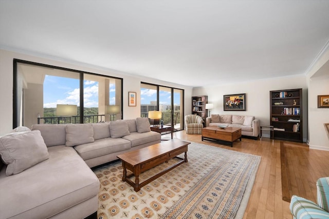 living room with light wood-type flooring and crown molding