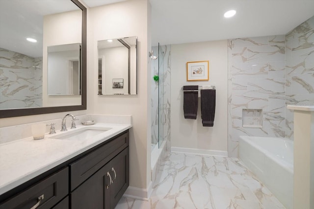 full bath with marble finish floor, a marble finish shower, and recessed lighting