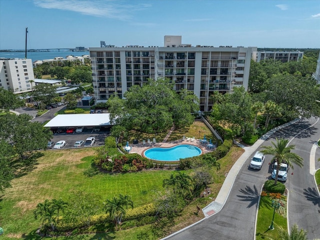 aerial view featuring a water view