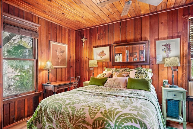 bedroom featuring wood walls and wooden ceiling