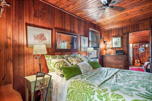 bedroom with ceiling fan, wood ceiling, and wood walls