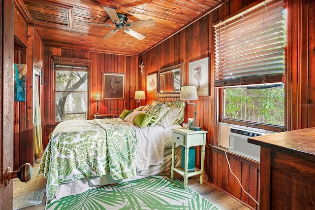 bedroom with hardwood / wood-style flooring, ceiling fan, and wood ceiling