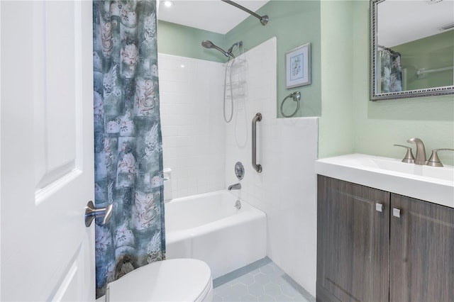 full bathroom with toilet, vanity, tile patterned flooring, and shower / bath combination with curtain