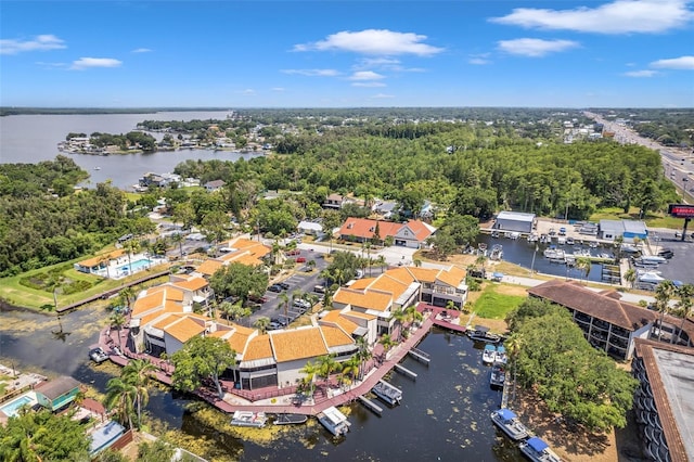 drone / aerial view with a water view