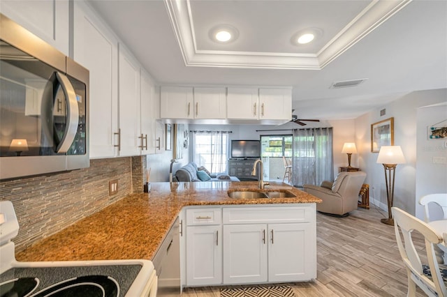 kitchen featuring stove, a tray ceiling, white cabinetry, and sink