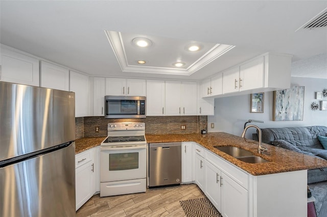 kitchen with kitchen peninsula, appliances with stainless steel finishes, a tray ceiling, sink, and white cabinetry