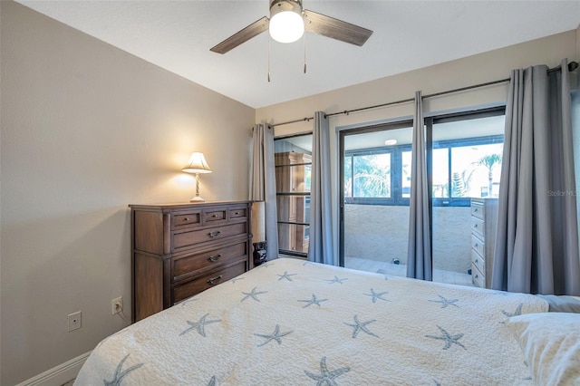 bedroom featuring access to exterior and ceiling fan