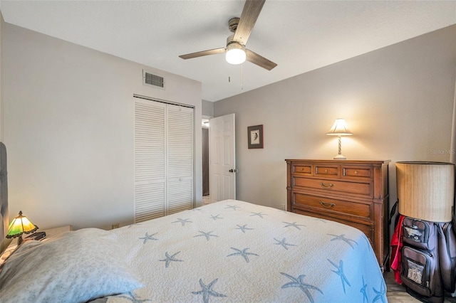 bedroom with ceiling fan and a closet