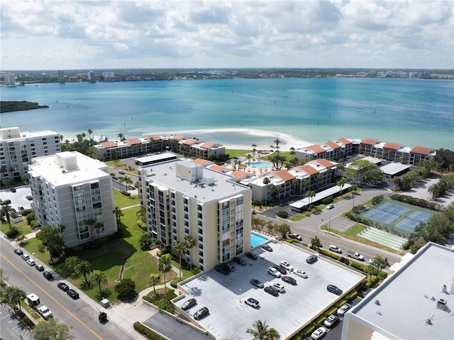 drone / aerial view with a water view