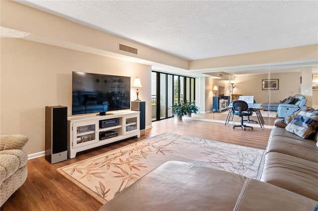 living room with a textured ceiling and hardwood / wood-style flooring