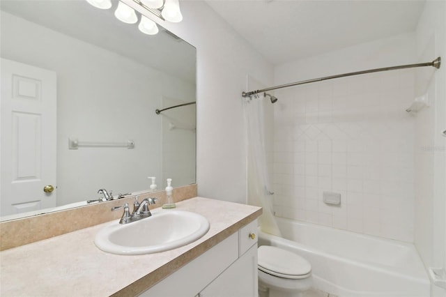 full bathroom featuring vanity, toilet, and shower / bathtub combination with curtain