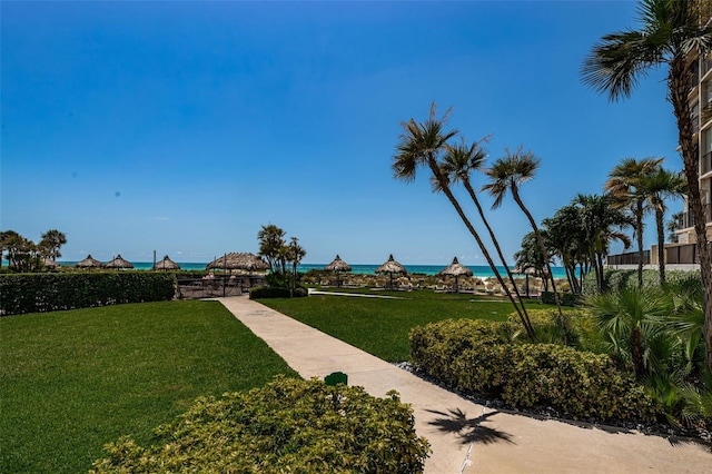 view of property's community featuring a water view and a lawn