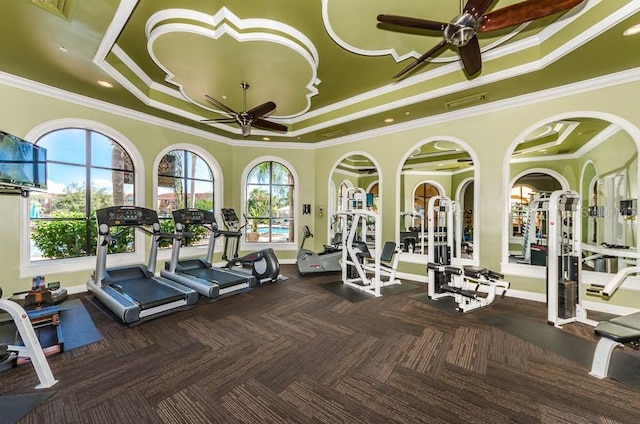 exercise room featuring ceiling fan, plenty of natural light, ornamental molding, and a tray ceiling