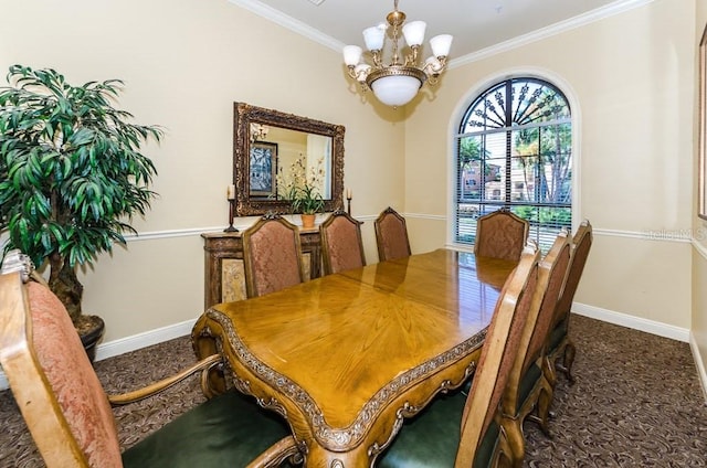 dining room with carpet flooring, an inviting chandelier, and crown molding