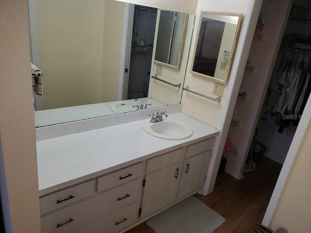 bathroom with hardwood / wood-style floors and vanity